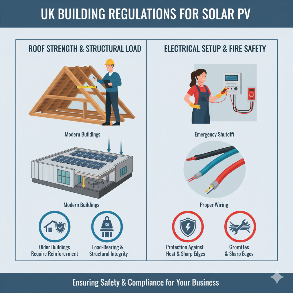 An educational illustration explaining building regulations for solar installations. The image is divided into two sections: Roof Strength and Structural Load: Shows a structural engineer inspecting a roof to ensure it can support solar panels, with icons for roof safety and structural integrity. Electrical Setup and Fire Safety: Depicts a qualified installer checking electrical wiring, with icons representing electrical safety, fire prevention, and properly secured cables. The design is professional and informative, aimed at business owners and building managers ensuring compliance with UK building regulations for solar installations