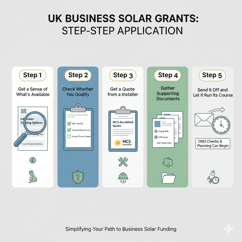 n infographic outlining the steps to apply for business solar grants in the UK. The image includes: Step 1 - Get a Sense of What’s Available: A magnifying glass over a list of funding options with the UK Government Green Funding Tool and local councils. Step 2 - Check Whether You Qualify: A checklist with criteria like SME eligibility, postcode-based grants, and efficiency targets. Step 3 - Get a Quote from a Certified Installer: A document showing an MCS-accredited quote, with an installer’s icon. Step 4 - Gather Supporting Documents: A stack of documents including energy bills, CSR goals, and half-hourly data. Step 5 - Send It Off and Let It Run Its Course: A symbol of sending off documents with a clock representing the waiting period, while DNO checks and planning proceed in the meantime. The design is professional and clear, providing a step-by-step guide for business owners applying for solar grants."