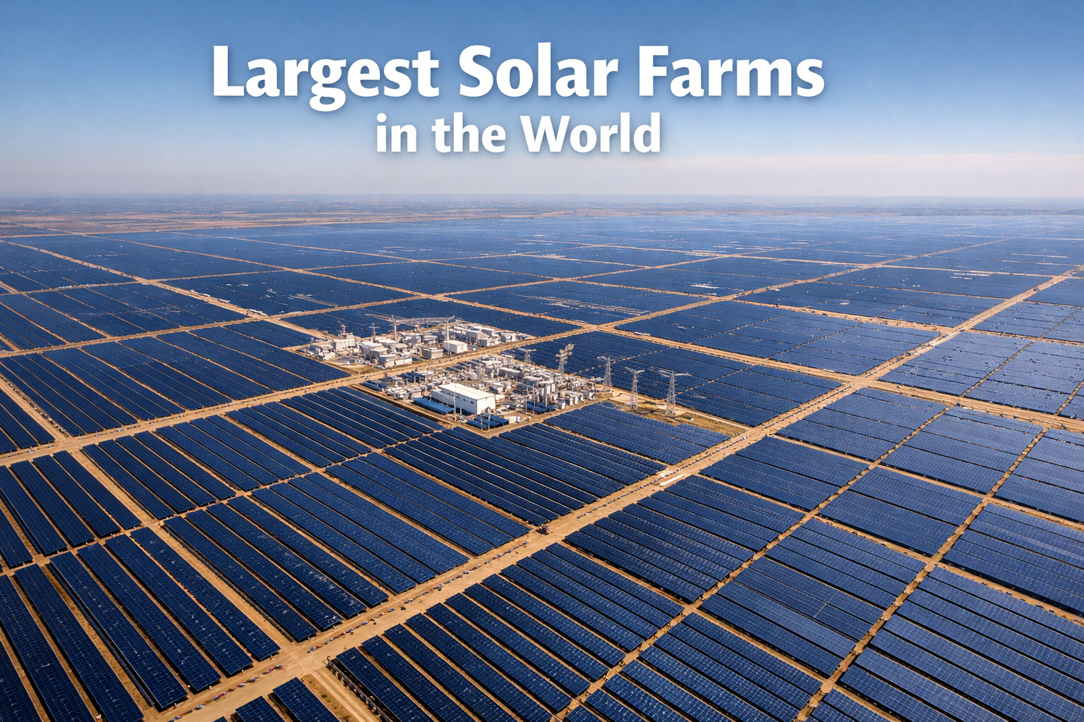Aerial view of massive solar panel array stretching to horizon with central facility building in desert landscape