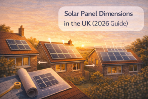 Editorial illustration showing UK houses with rooftop solar panels, layout planning graphics, and blueprint elements explaining solar panel dimensions and roof space planning.