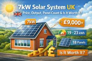 7kW solar panel system UK infographic – output, cost and savings