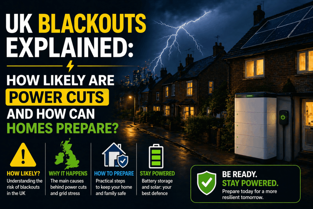 UK houses at night with lightning, solar panels and battery storage system, explaining blackout preparation and power cut …