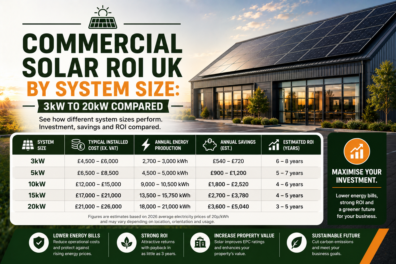 Commercial Solar ROI UK by System Size: 3kW to 20kW Compared