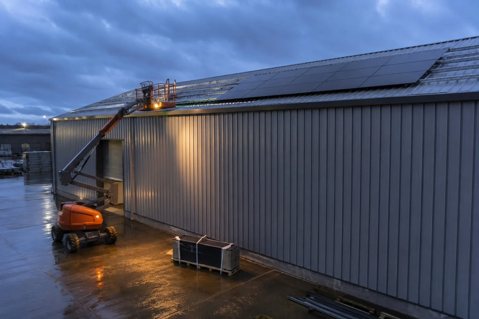 An access platform raised against the metal-clad flank of a large industrial building at dusk, with a partly installed solar array along the roof edge