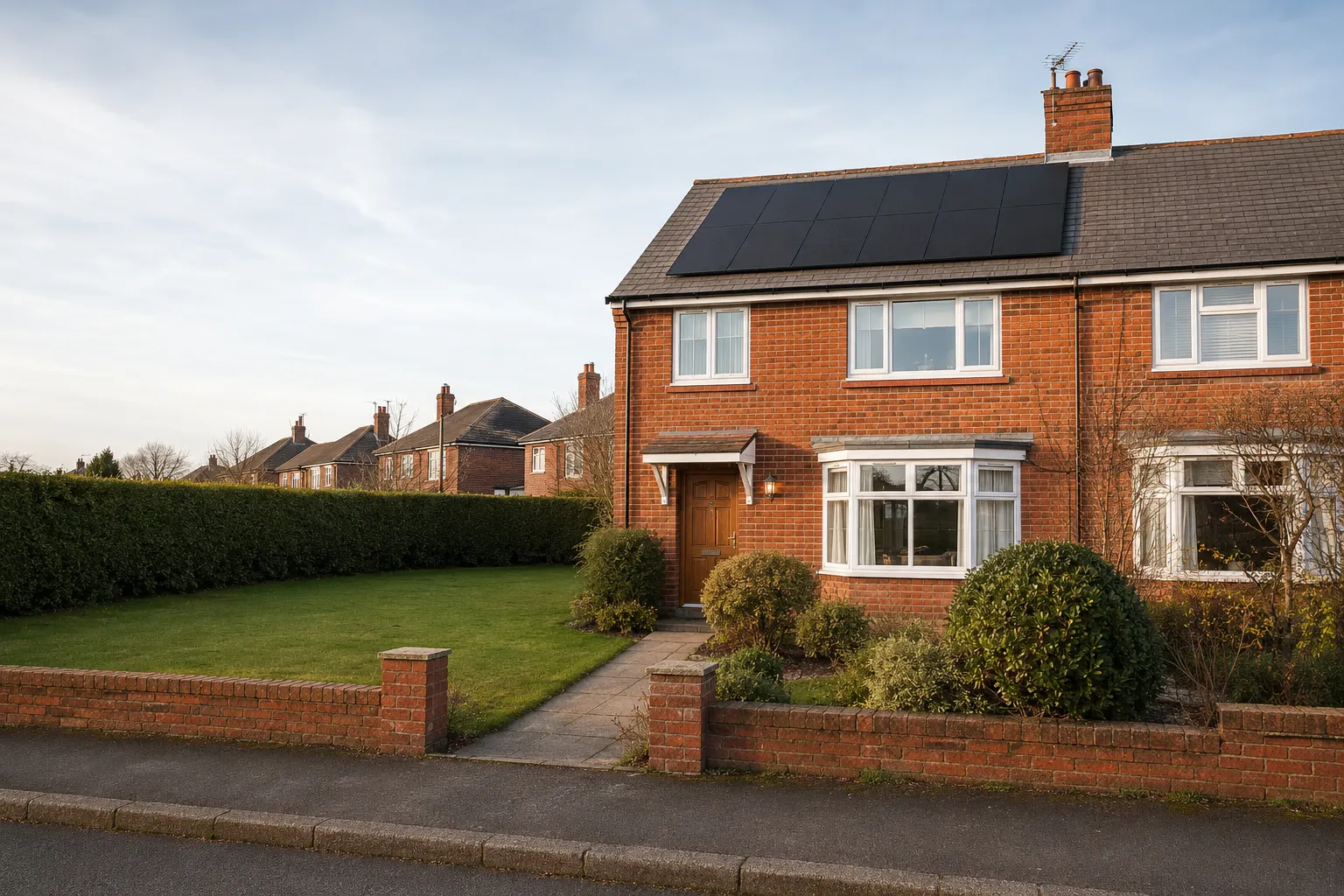 An ordinary British semi-detached house in bright winter light, with black solar panels on its grey slate roof and a tidy front garden