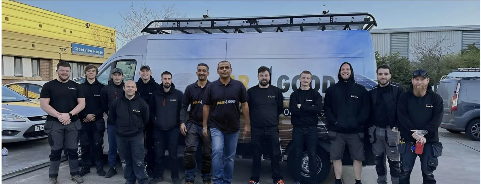 The Solar4Good MCS-certified install team The Solar4Good install team in matching kit in front of a branded Solar4Good van