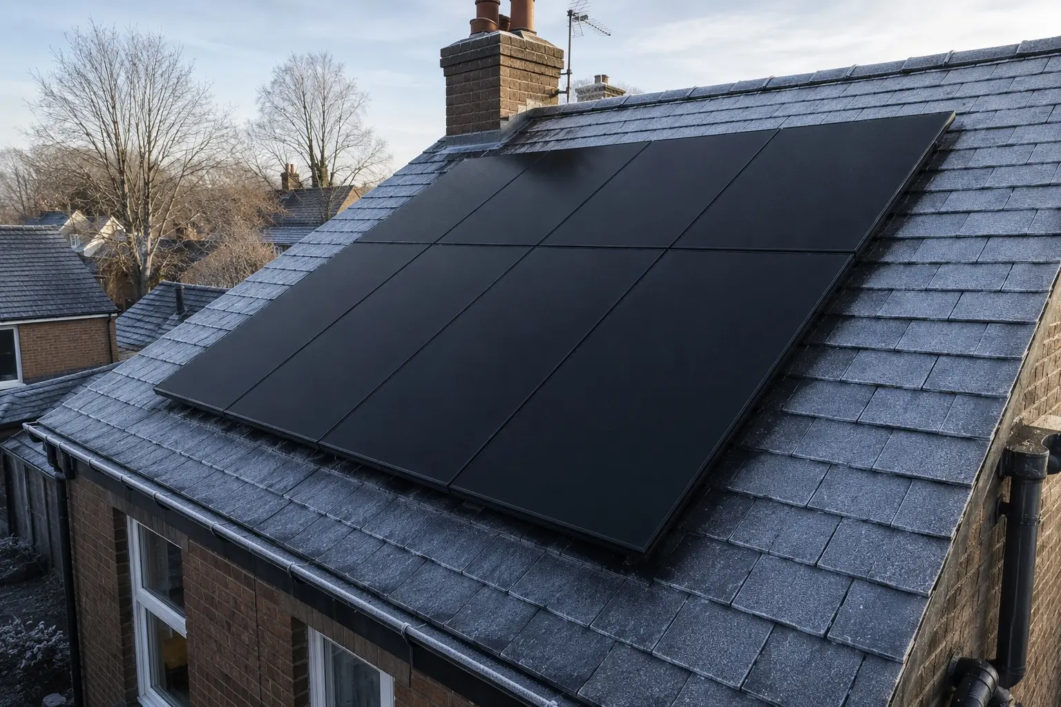 A home still running on its solar decades in A black solar array on a British slate roof on a cold winter morning, bare trees behind