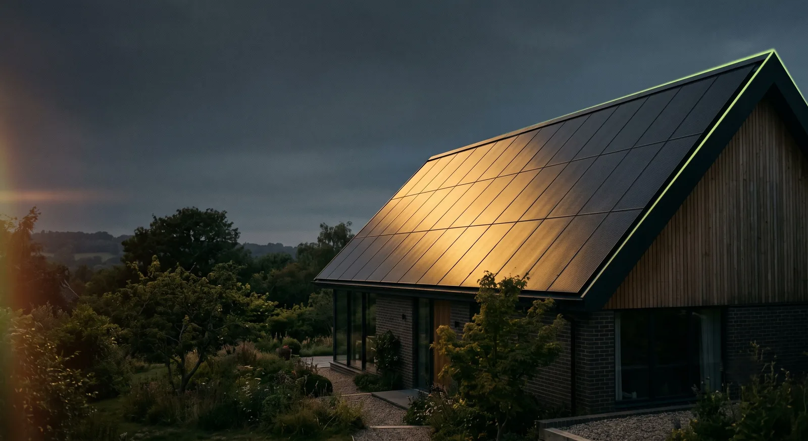 AIKO Neostar all-black solar panels on a UK home at golden hour A contemporary British home with a full roof of all-black AIKO Neostar solar panels glowing gold at golden hour, the roof edge catching a neon-lime light