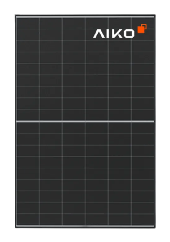AIKO Neostar all-black N-type ABC panel An AIKO Neostar all-black N-type ABC solar panel at a three-quarter angle, its face one uniform sheet of black with no front busbars
