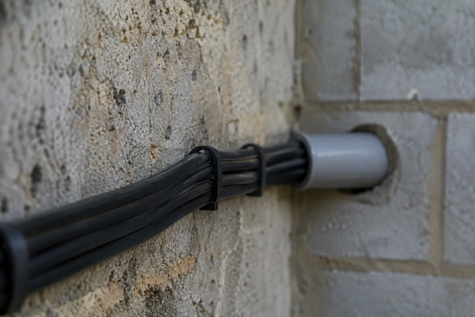 Power your UK home with an AlphaESS battery A bundle of black cabling clipped along a wall and entering grey conduit through blockwork