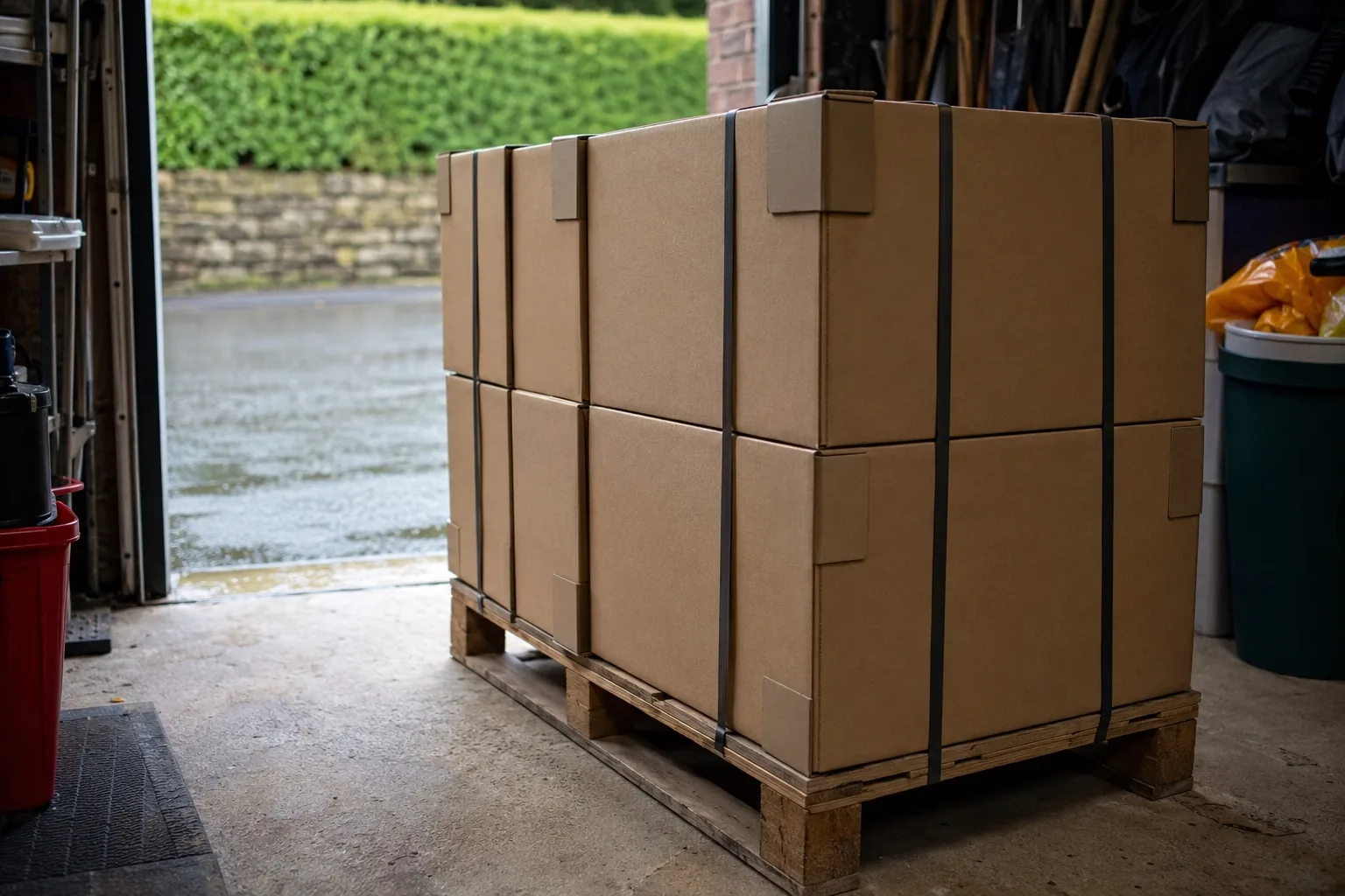 Home battery storage fitted across the UK Plain cartons strapped to a pallet just inside a garage doorway, a wet driveway beyond
