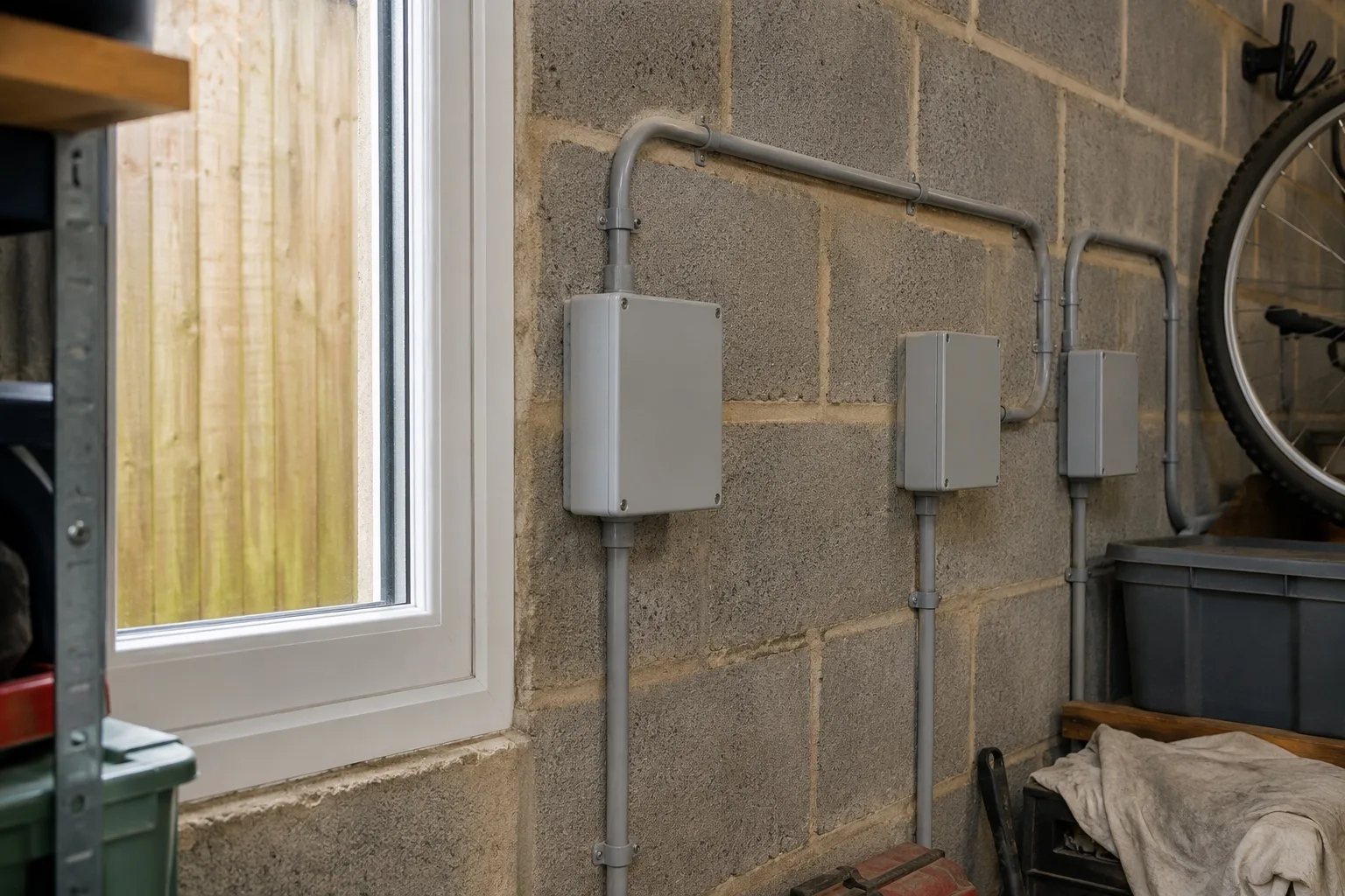 AlphaESS SMILE home battery, up close Grey conduit and plain isolator enclosures fixed in a neat run along a British garage wall