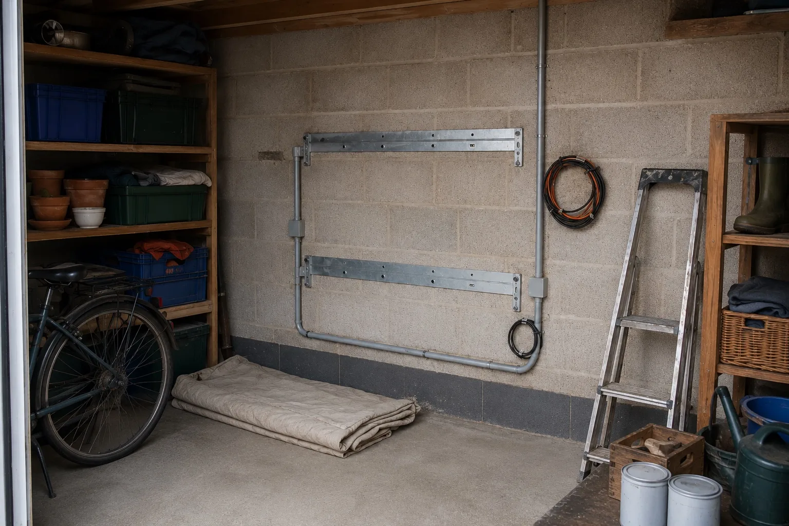 Monitoring from your phone A British garage wall prepared for battery storage, mounting brackets and trunking fixed to bare blockwork