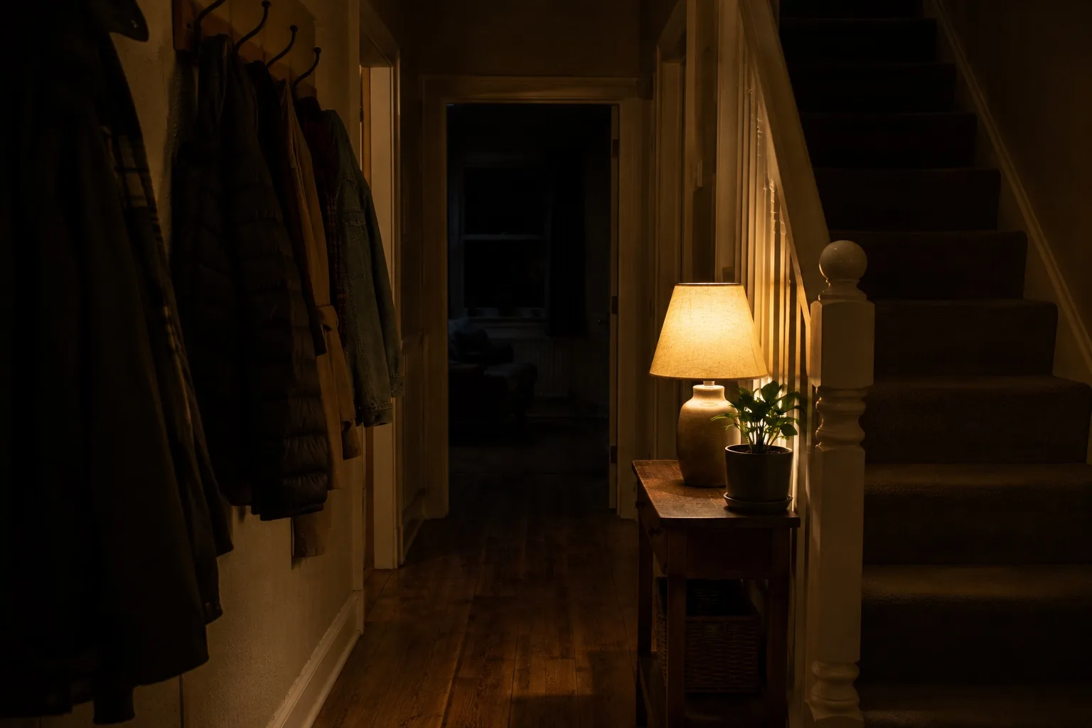 Your home stays on during a power cut with an AlphaESS battery A British hallway during a power cut, the rooms beyond dark and one lamp still lit on a side table