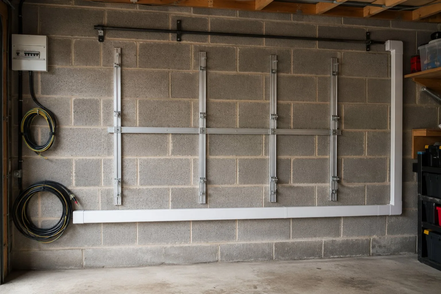 An AlphaESS battery in a British garage A British garage wall prepared for a home battery, rails and conduit already run