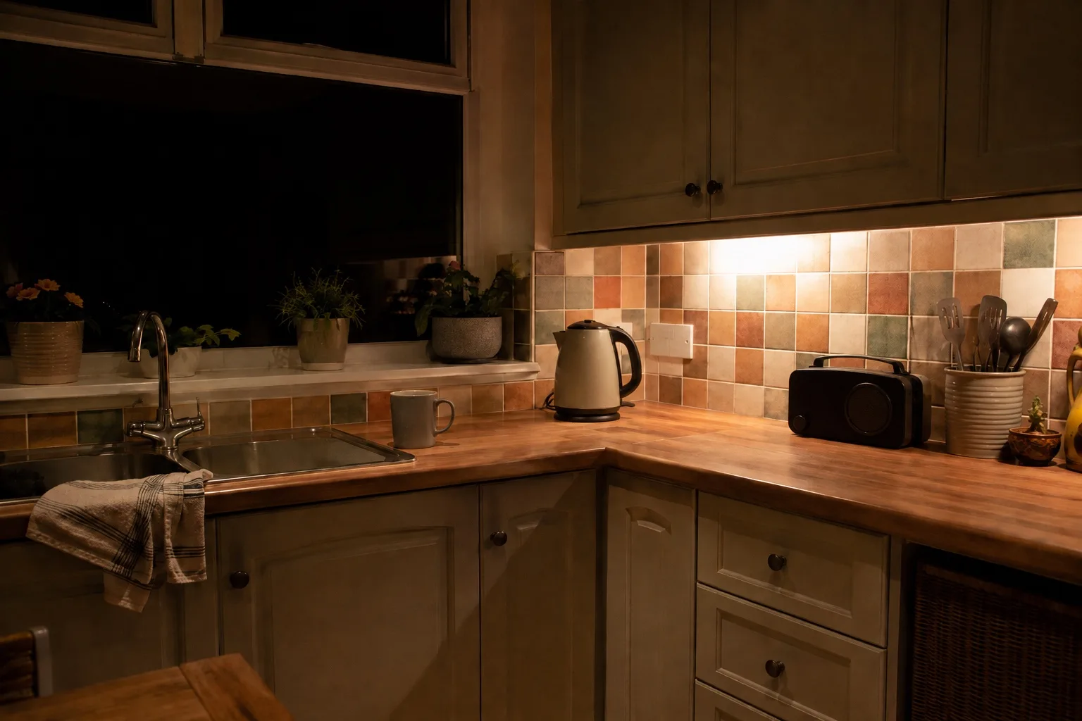 How an AlphaESS battery powers your home day and night An ordinary British kitchen after dark, lit by an under-cupboard light, kettle and mug on the worktop