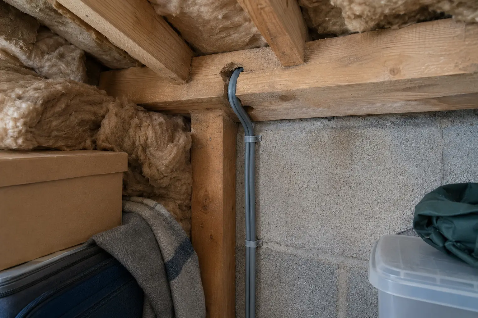 AlphaESS: solar, storage and backup working together The cable route inside a British roof void, conduit running down blockwork between insulation and timber