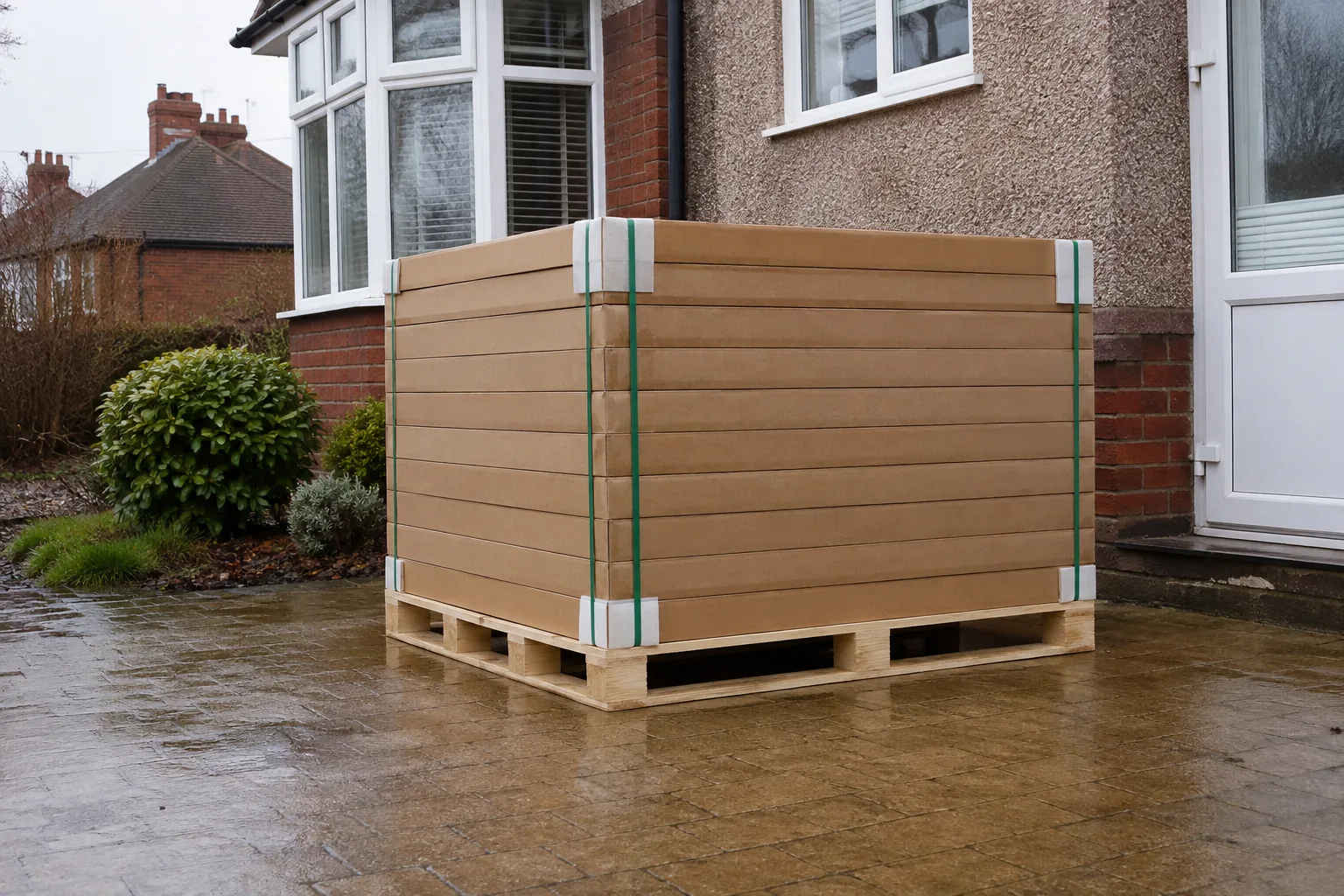 A finished Canadian Solar install A pallet of panels delivered to the door of a British home before the install