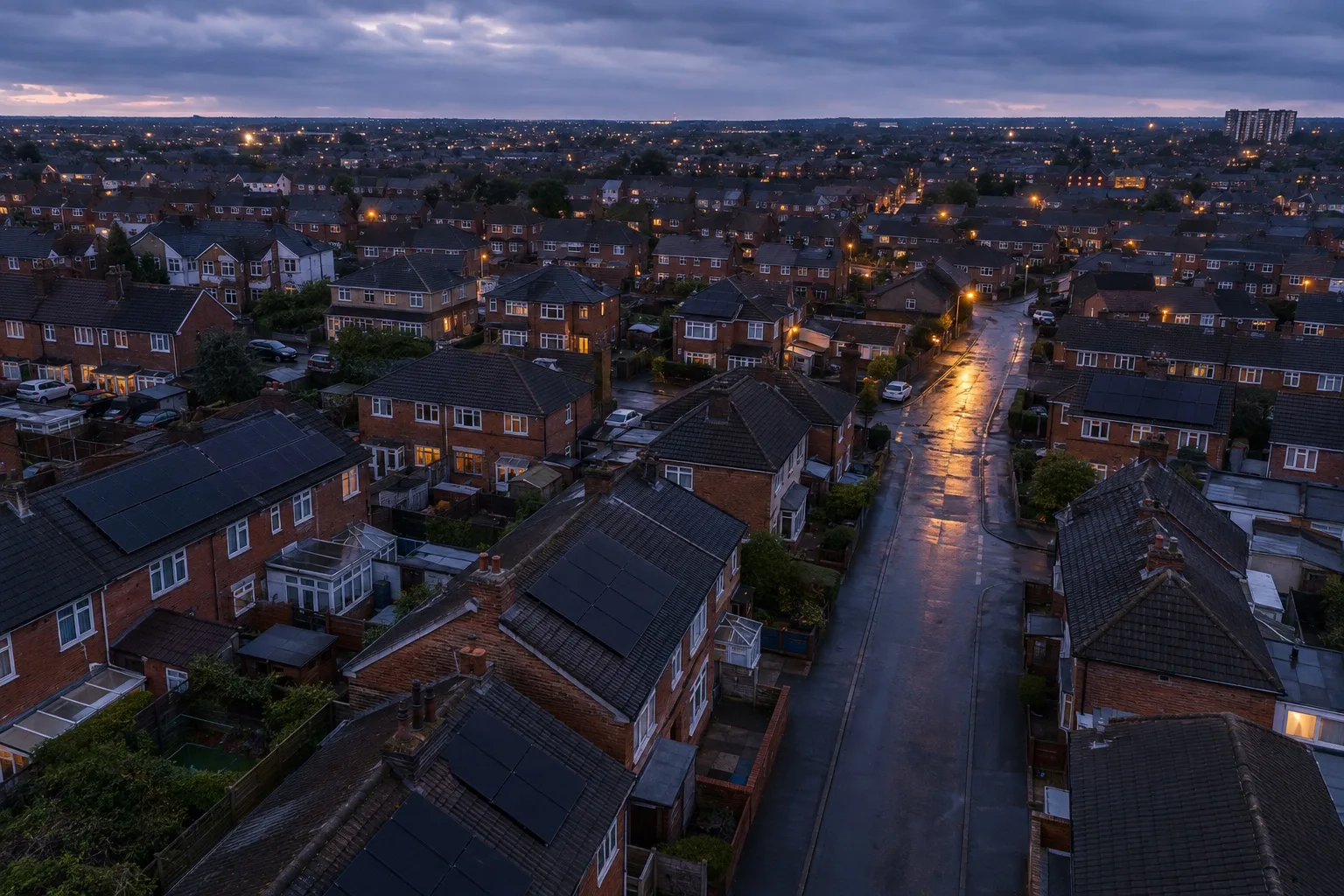 Canadian Solar installs on real UK roofs A British town at dusk seen from a hillside, several roofs carrying black solar arrays, wet roads between them