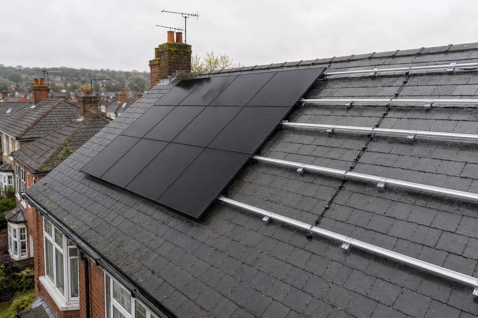 How Canadian Solar panels power your home A British pitched roof part-way through a solar install, mounting rails visible where modules are still to go