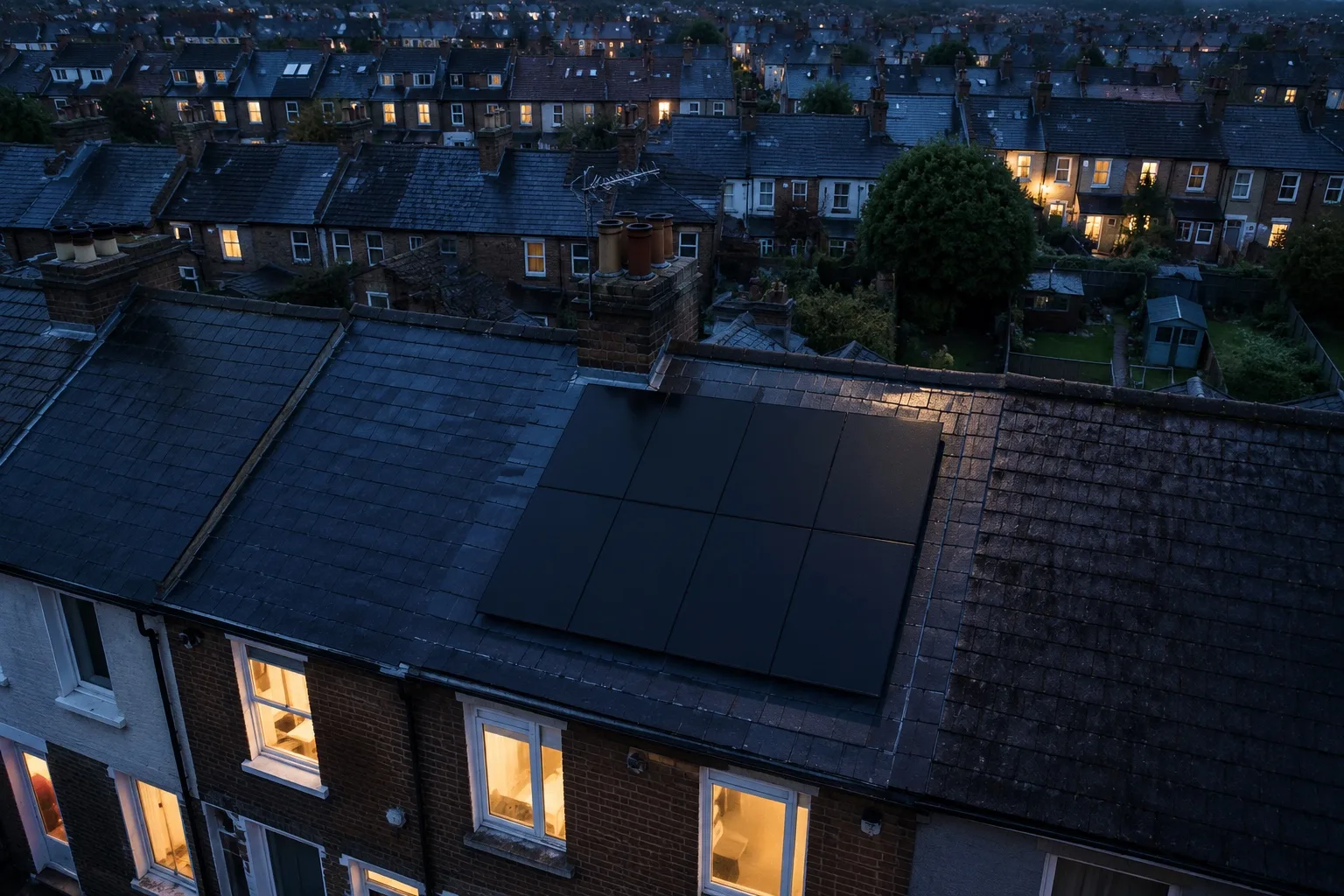 DMEGC installations across a British estate Aerial view over a British housing estate at dusk, several roofs carrying black solar arrays