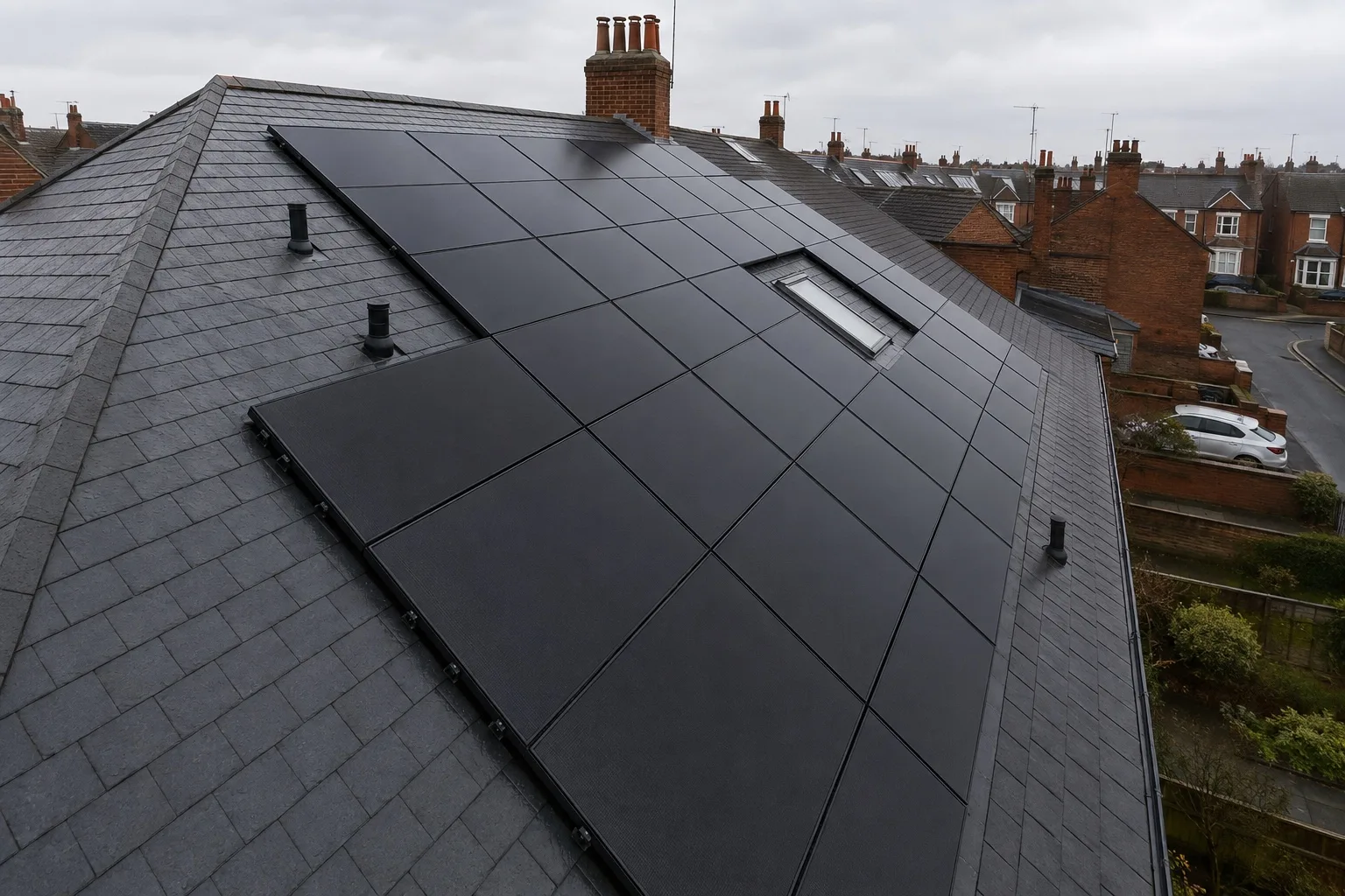 All-black DMEGC roof Straight-down aerial of a roof slope with a black solar array shaped around a rooflight