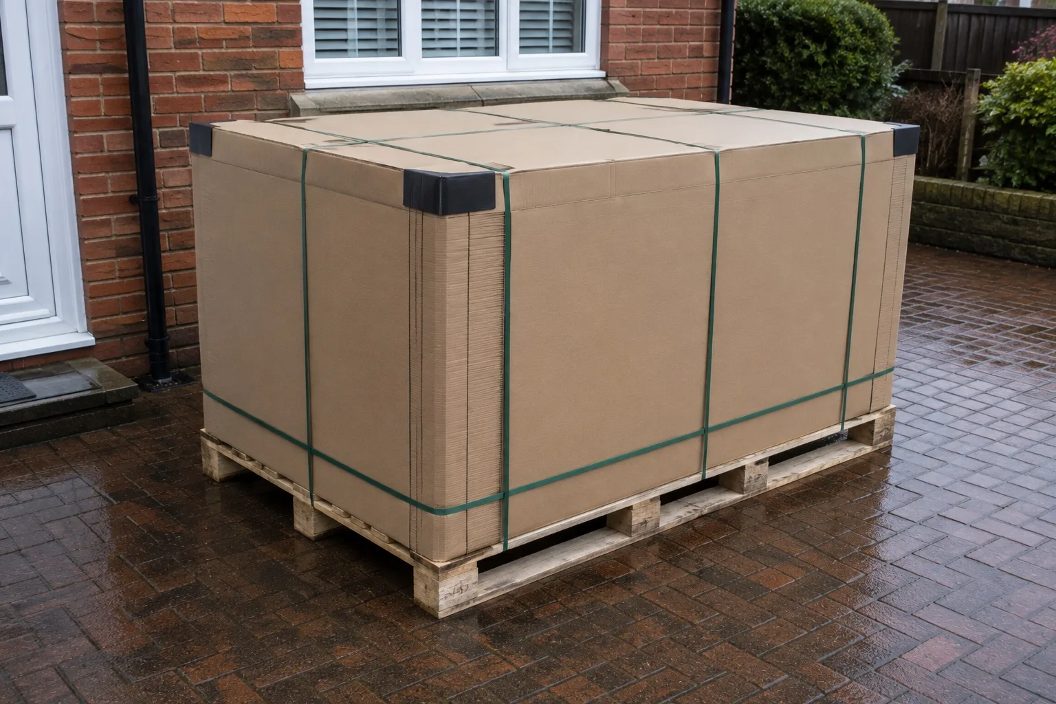 DMEGC manufacturing at scale Unopened plain cartons of solar panels strapped to a pallet on a damp British driveway