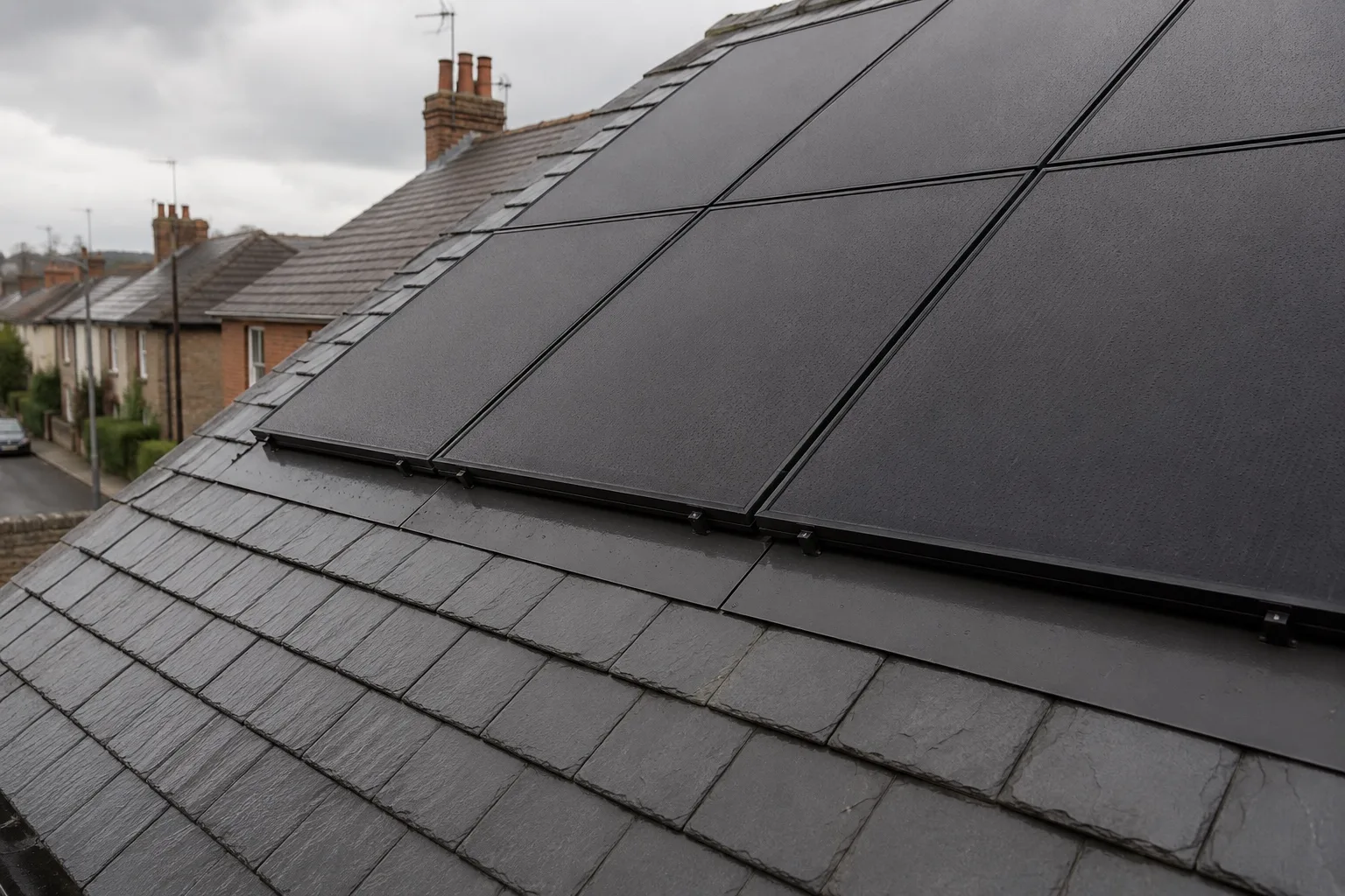 How DMEGC panels power your home A long black solar array running in strict alignment across a large British pitched roof