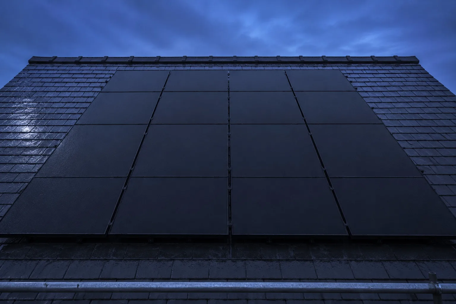 Enphase installs on real UK roofs Close view along the top edge of a finished solar array at dusk, module frames catching the last light
