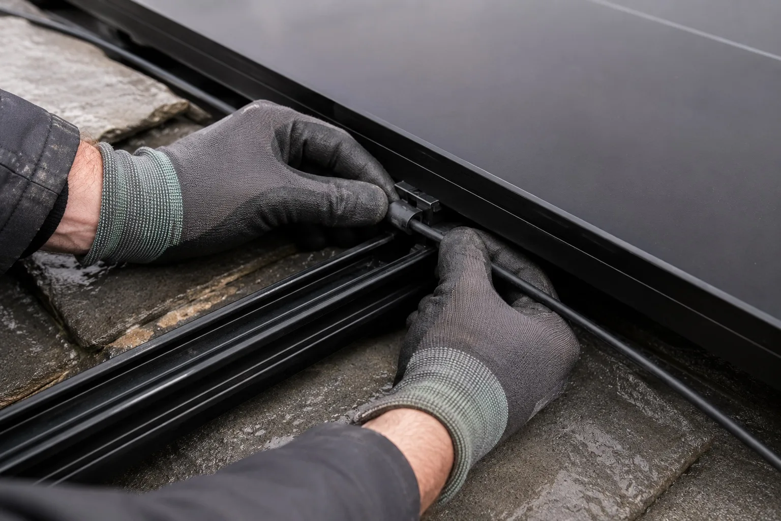 Power your UK home with Enphase Gloved hands clipping a cable into the mounting rail beneath a black solar module