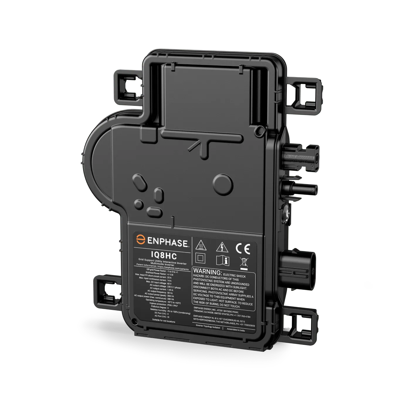 Enphase IQ8 microinverter An Enphase IQ8 microinverter, its sealed housing and AC connectors shown straight on