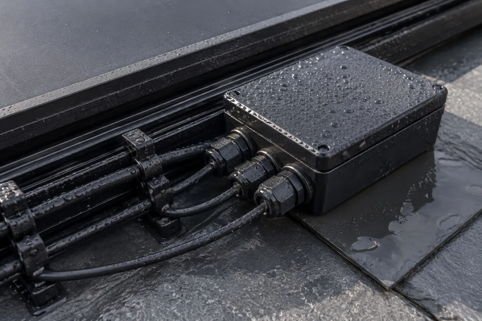 Enphase Sunlight Backup keeps your solar working Cabling entering a weatherproof junction at the edge of a roof solar array, glands and clips beaded with water