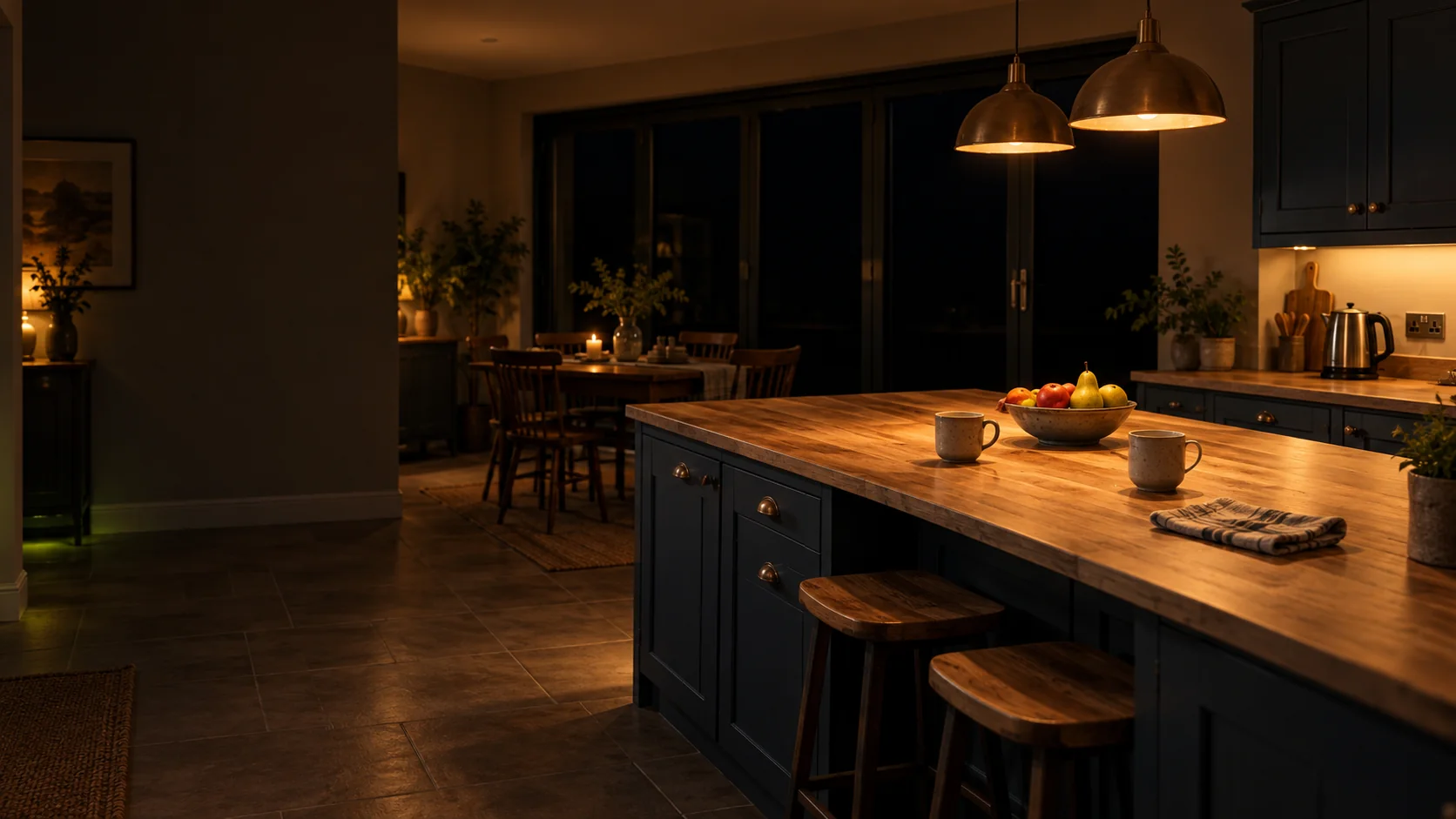 A warm, lit British kitchen on a winter evening with the garden dark beyond the bi-fold doors, the home running on stored energy A warm, lit British kitchen on a winter evening with the garden dark beyond the bi-fold doors, the home running on stored energy