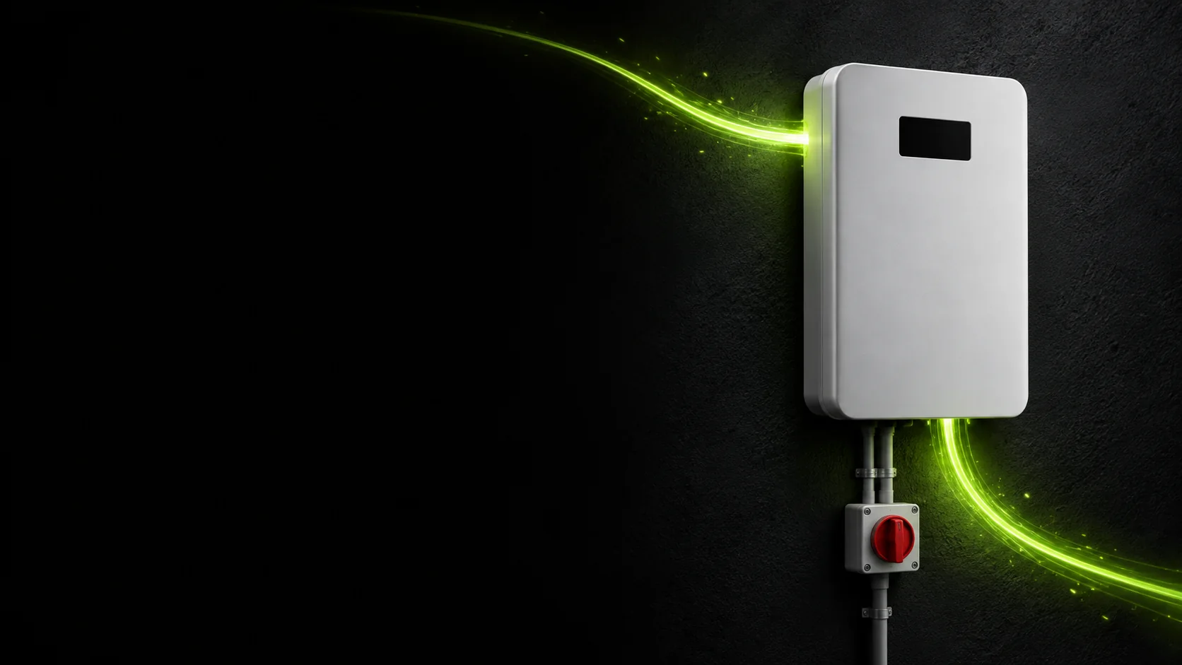 A Fox ESS inverter wall-mounted with a ribbon of energy passing through it into the conduit and isolator below A Fox ESS inverter wall-mounted with a ribbon of energy passing through it into the conduit and isolator below