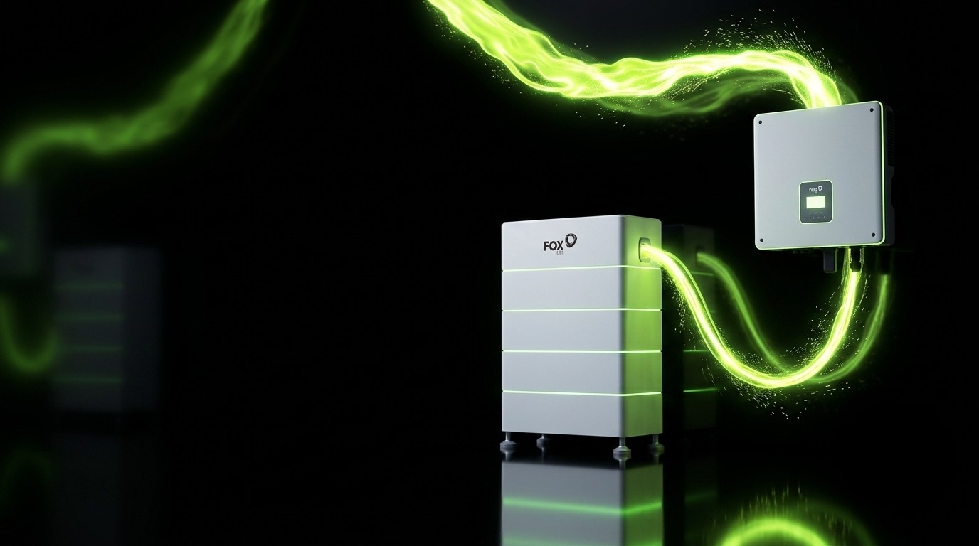 Fox ESS hybrid inverter and stackable home battery storage system charging with green energy Fox ESS hybrid inverter and stackable home battery storage system charging with green energy