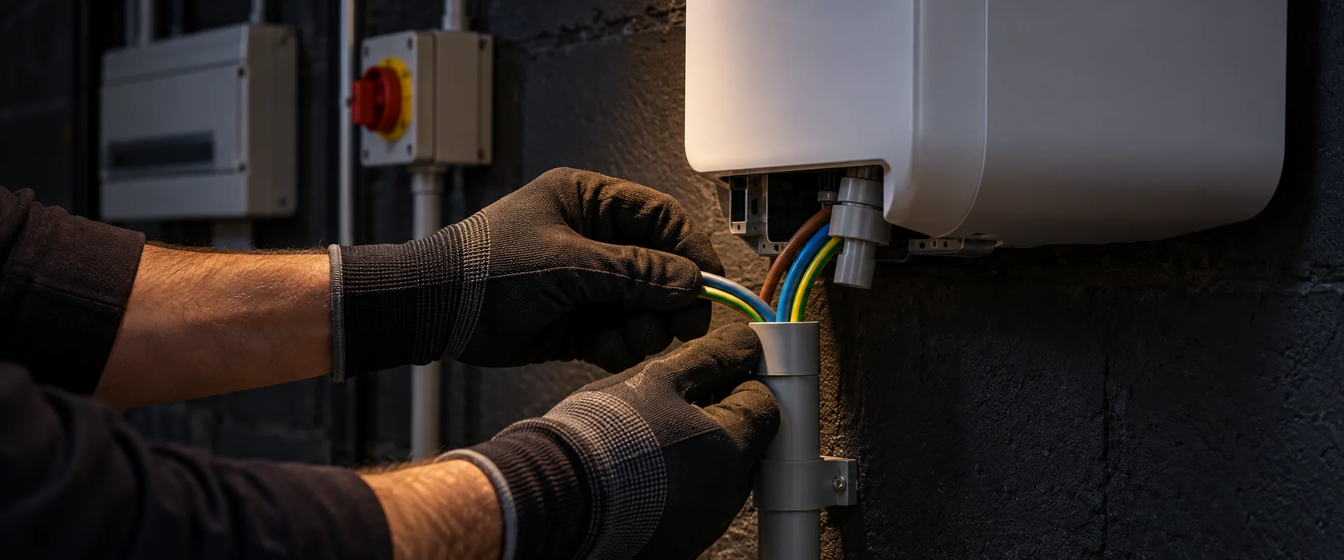 An electrician wiring a Fox ESS battery into grey conduit beside a consumer unit and red isolator An electrician wiring a Fox ESS battery into grey conduit beside a consumer unit and red isolator