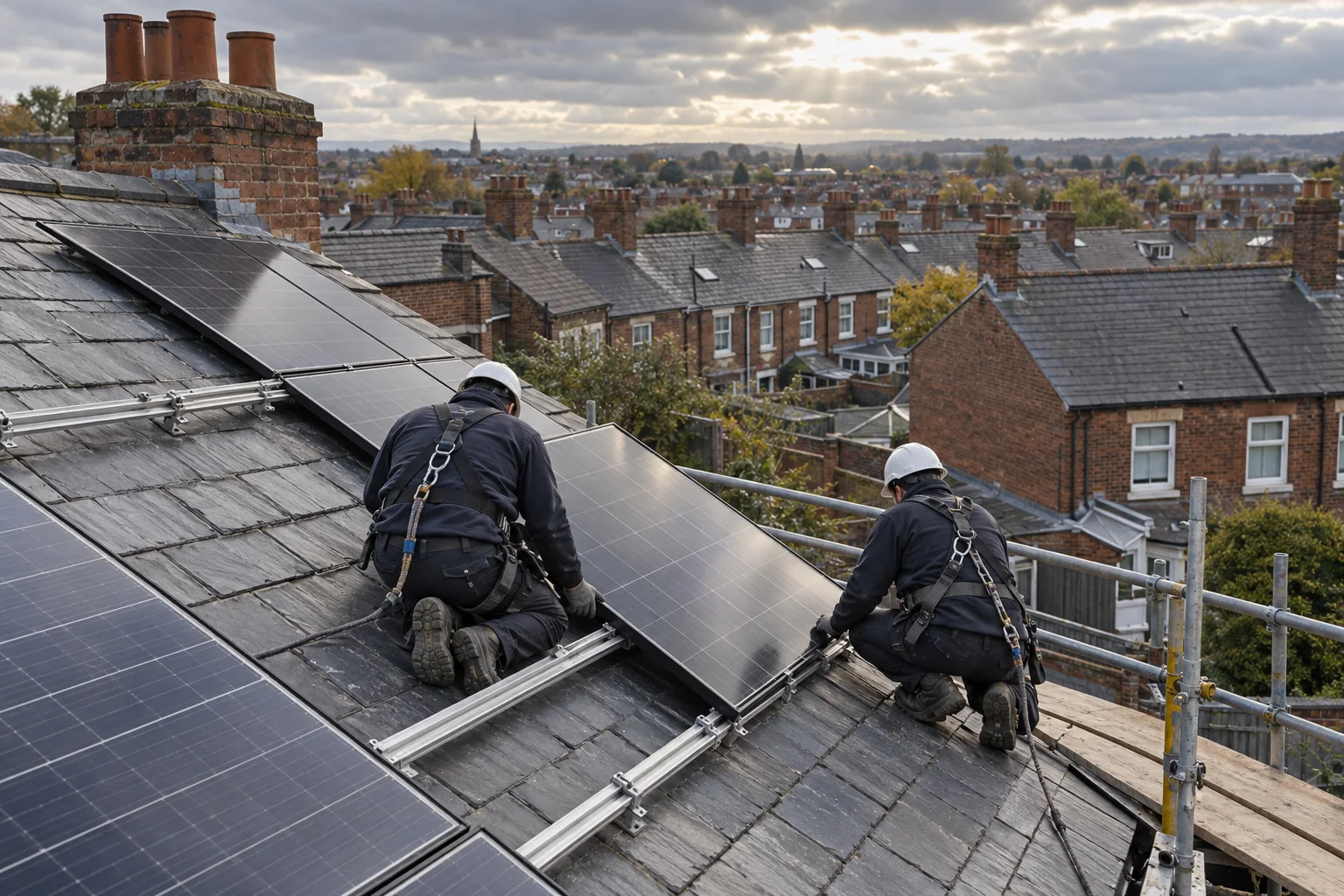 Two installers fitting solar panels on a British slate roof above rows of brick terraces Two installers fitting solar panels on a British slate roof above rows of brick terraces