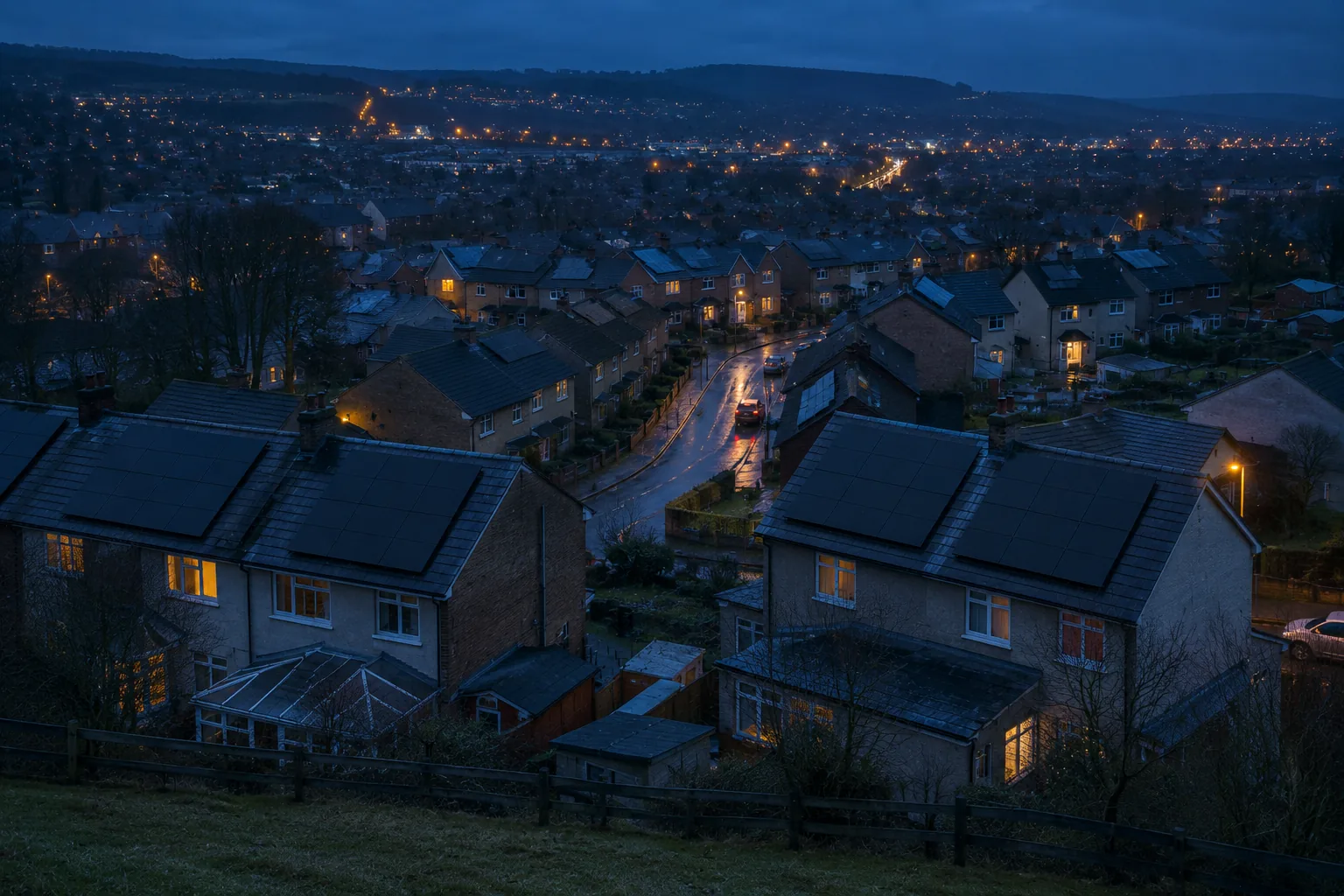 JA Solar installations across the UK A British hillside town at dusk with all-black arrays on the roofs