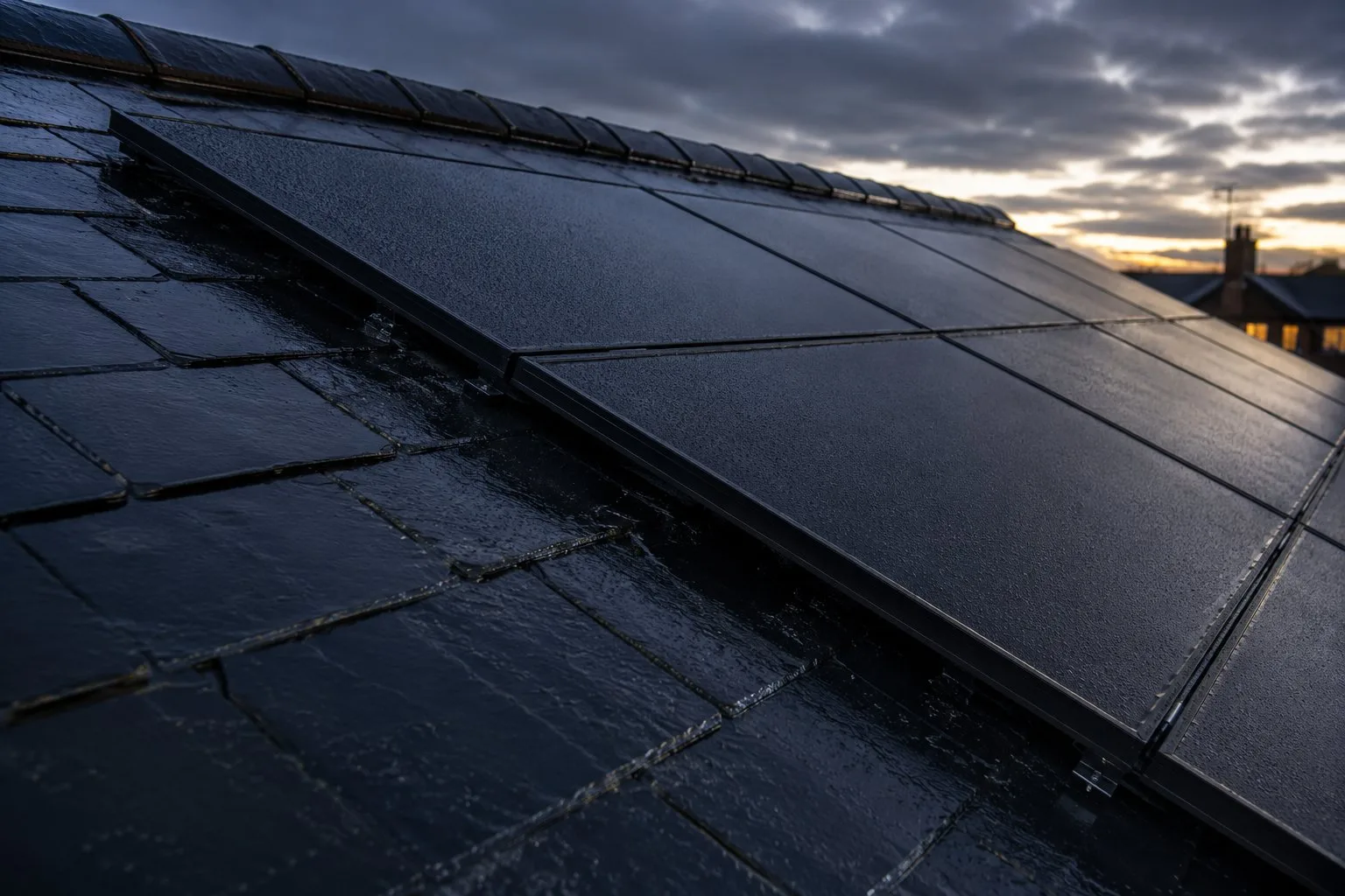 JA Solar DeepBlue modules against the sky A British roof of all-black JA Solar modules against a low evening sky