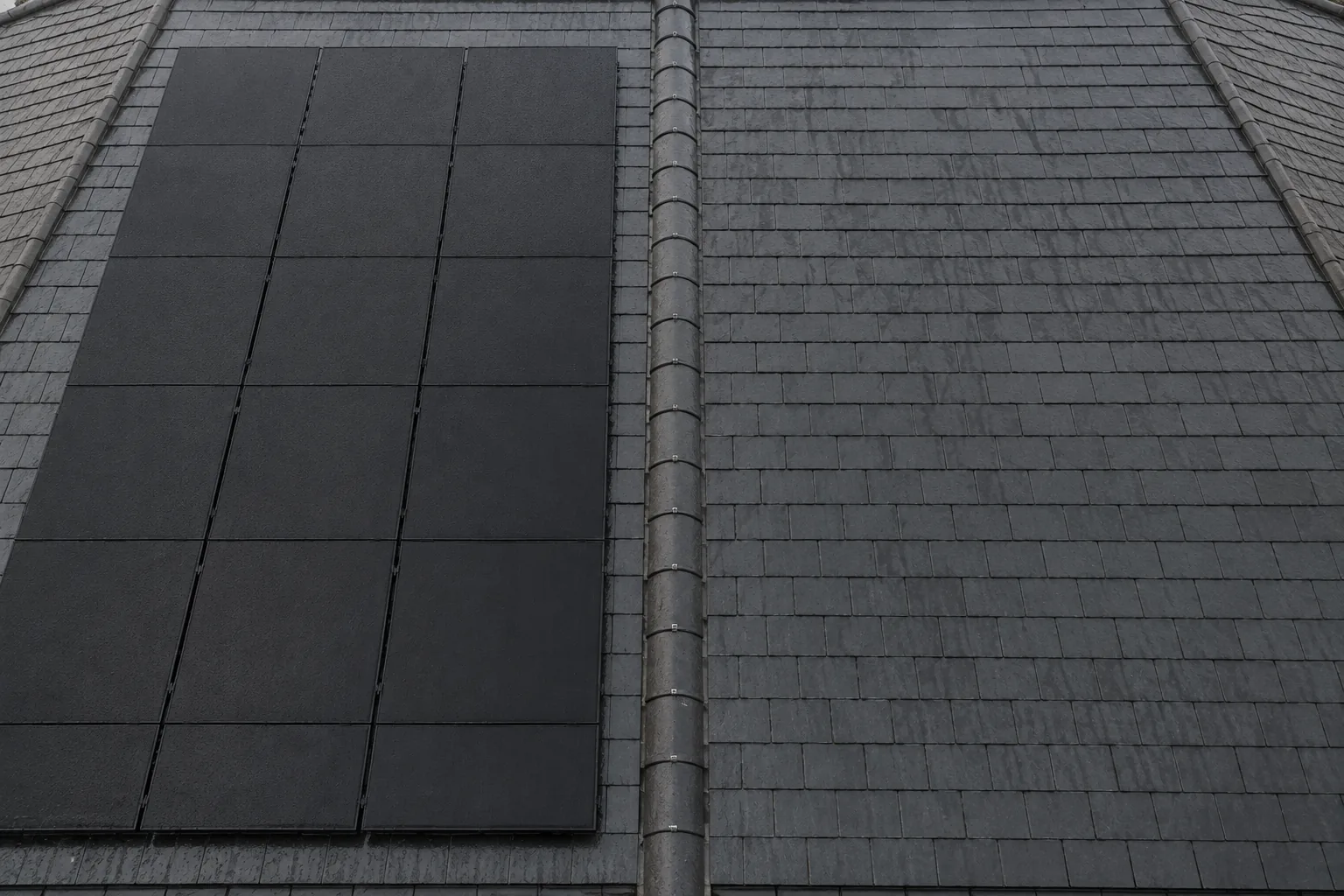 JA Solar DeepBlue cell detail The corner of an all-black JA Solar module meeting the slate