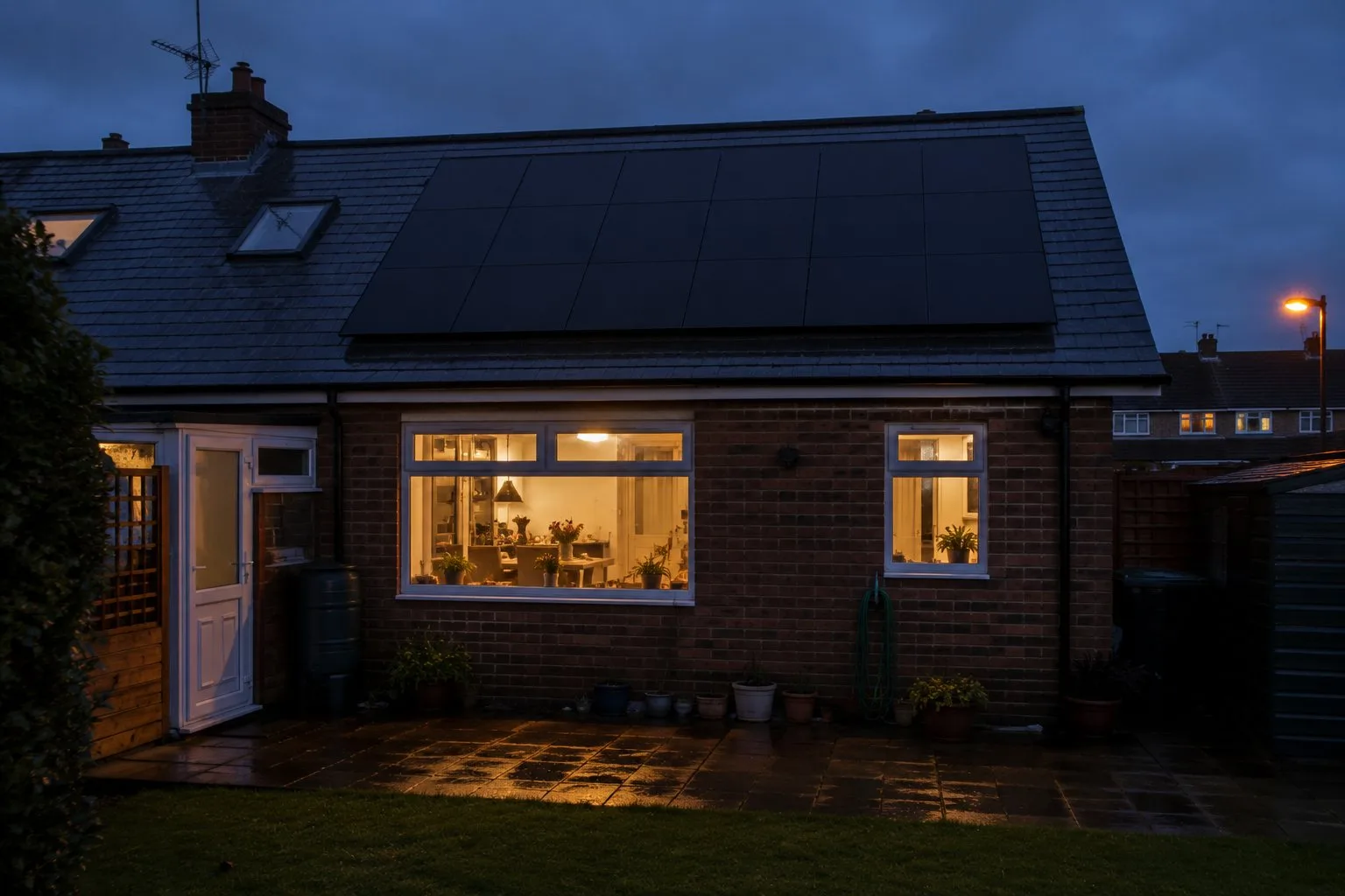 A myenergi system on a British home A British bungalow at dusk with lit windows and an all-black solar array on the roof