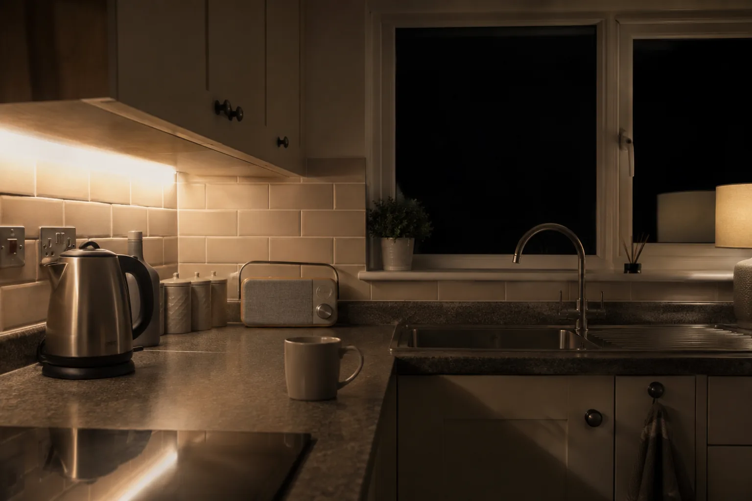 Every spare watt, sent somewhere useful A British kitchen in the morning with sun across the worktop