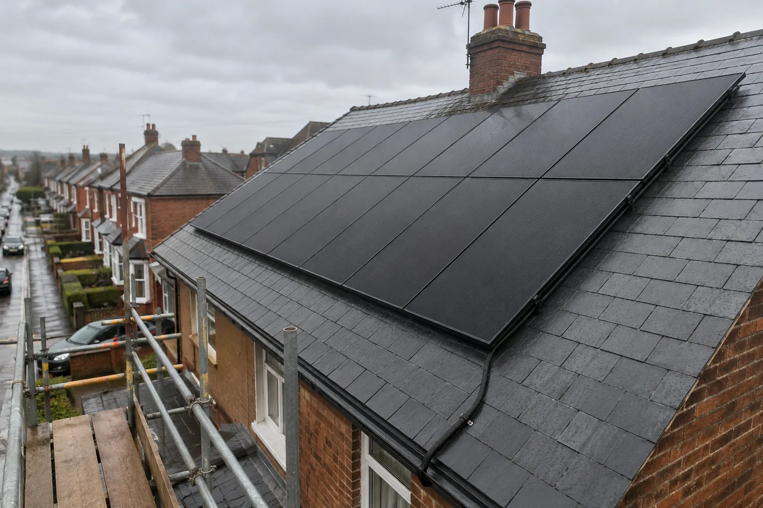 myenergi installations across the UK A British terraced roof carrying an all-black array above a residential street
