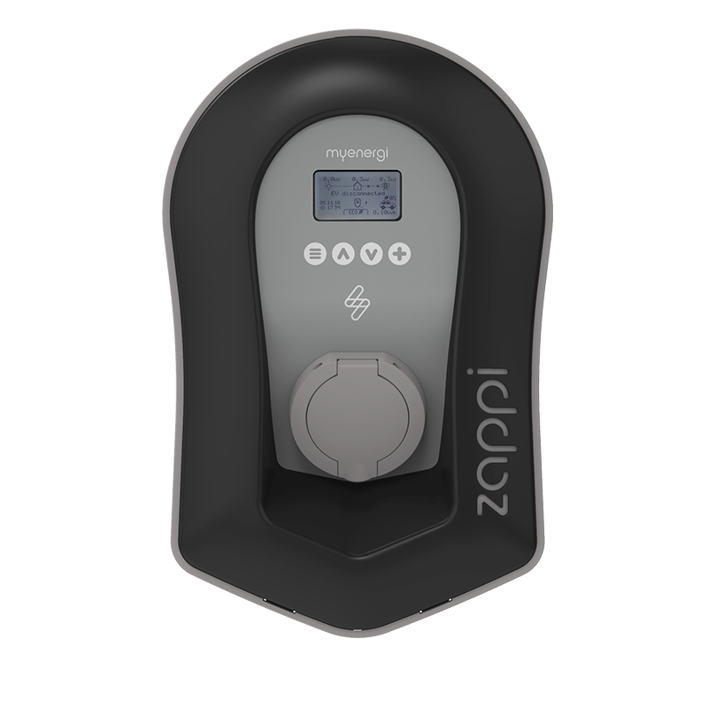 myenergi zappi EV charger A myenergi zappi EV charger shown straight on, with its display and Type 2 socket