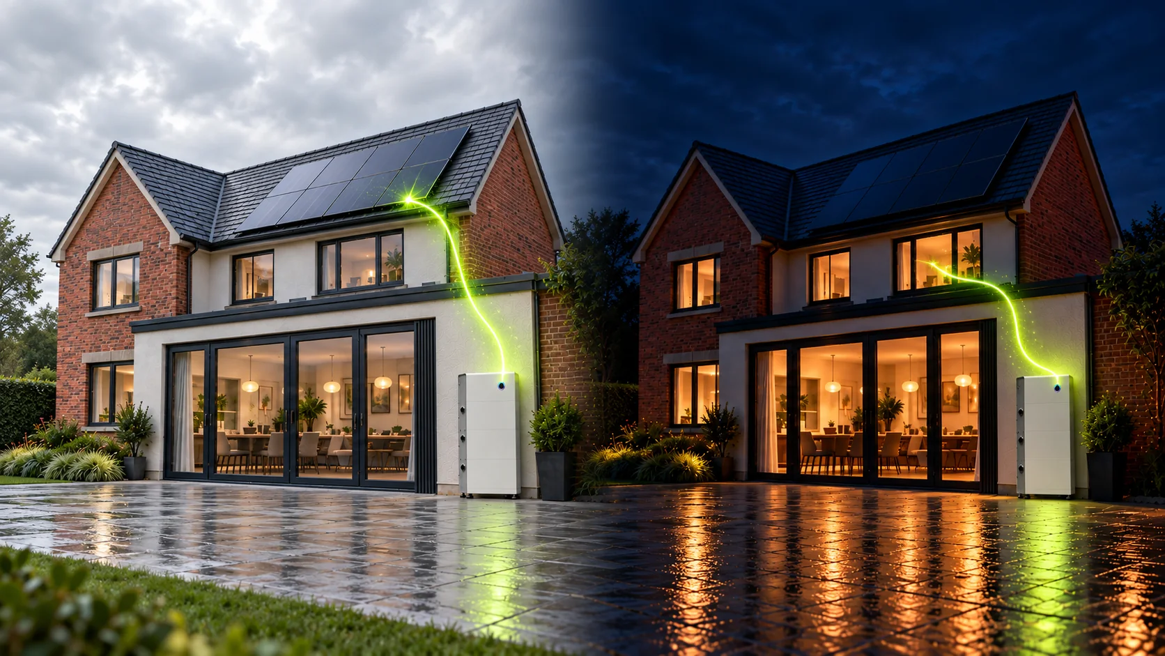 The same British home shown twice: by day the solar panels charge the Sigenergy battery, by night the battery powers the lit house The same British home shown twice: by day the solar panels charge the Sigenergy battery, by night the battery powers the lit house