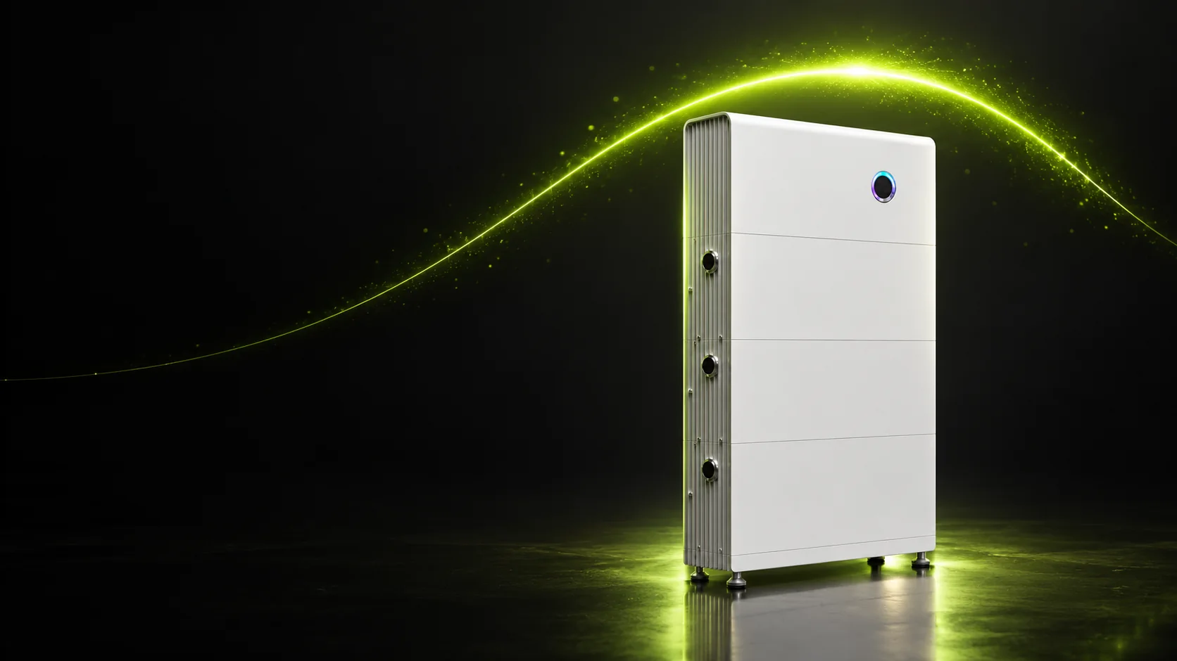 A Sigenergy SigenStor battery with a ribbon of stored energy arcing across a black frame A Sigenergy SigenStor battery with a ribbon of stored energy arcing across a black frame