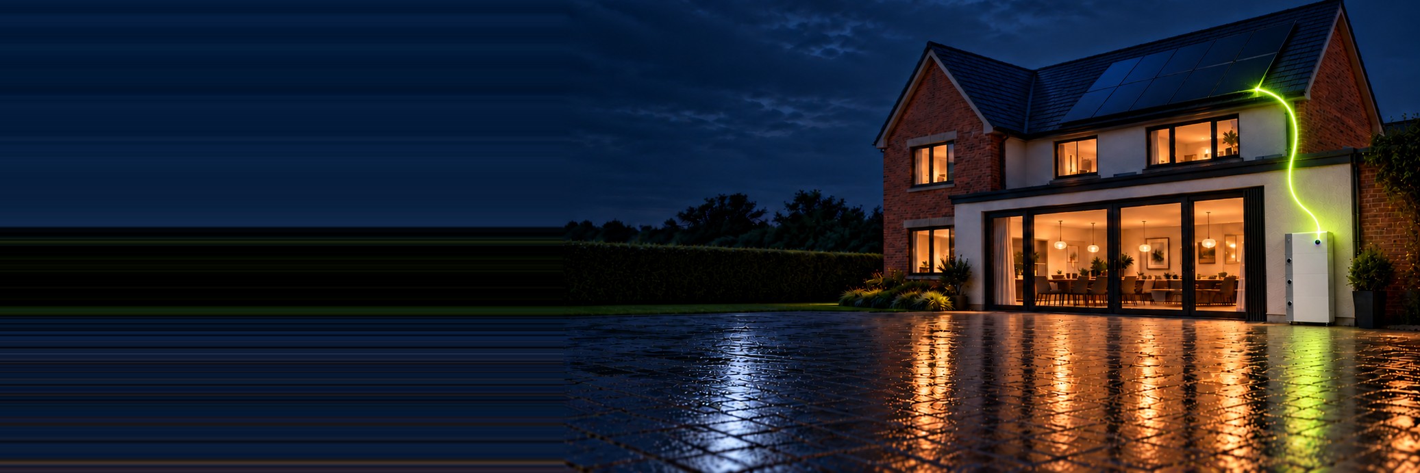 A modern British home at dusk with solar panels on the roof and a Sigenergy SigenStor battery mounted beside the bi-fold doors, stored energy flowing from the roof into the battery