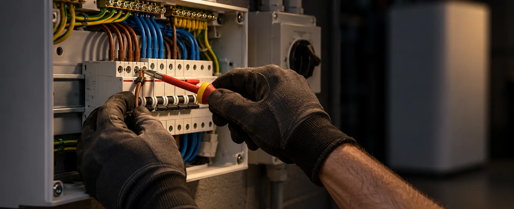 An electrician wiring a domestic consumer unit during a battery installation An electrician wiring a domestic consumer unit during a battery installation