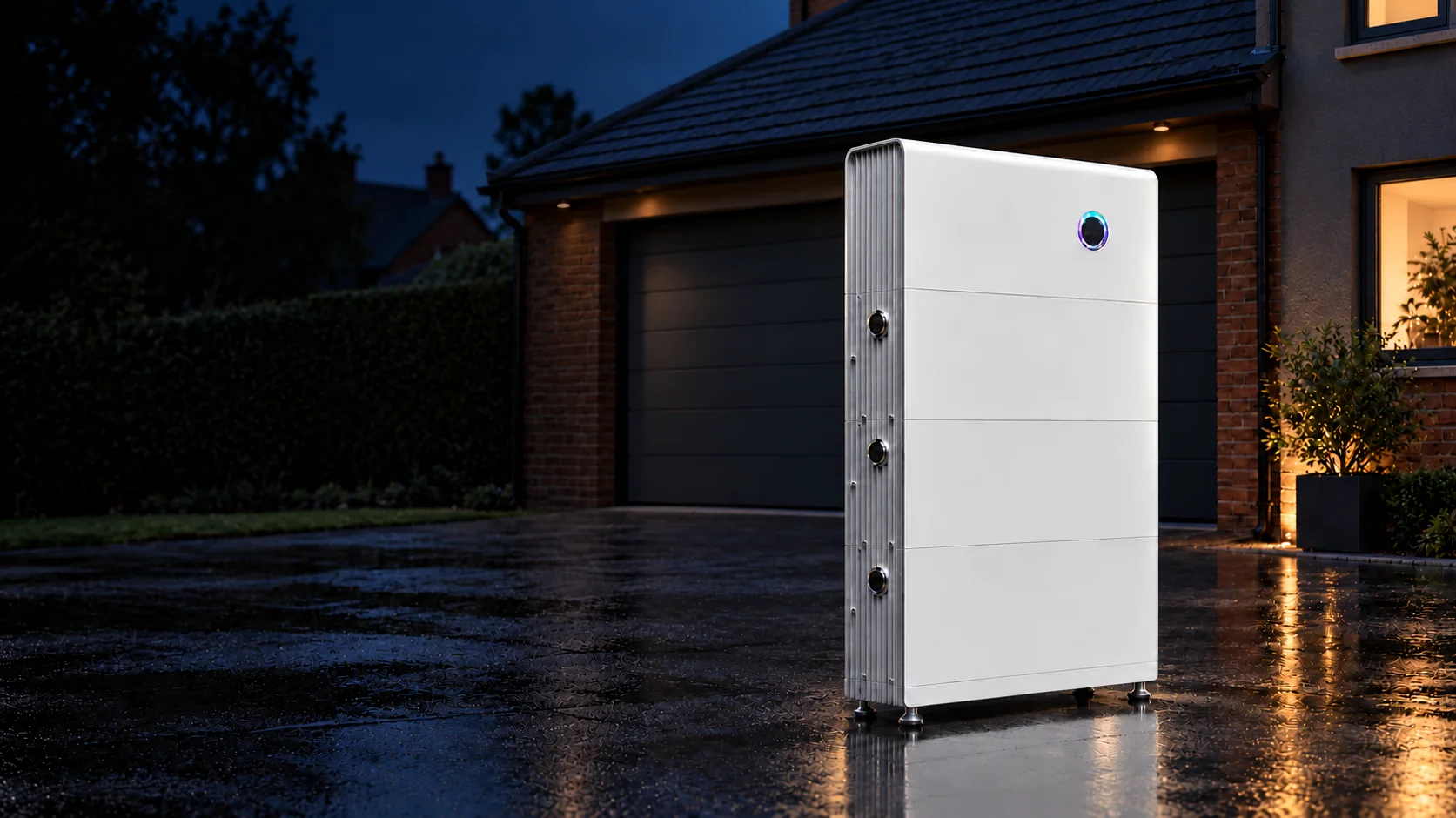 A Sigenergy SigenStor battery standing on a block-paved driveway beside a British garage at dusk A Sigenergy SigenStor battery standing on a block-paved driveway beside a British garage at dusk
