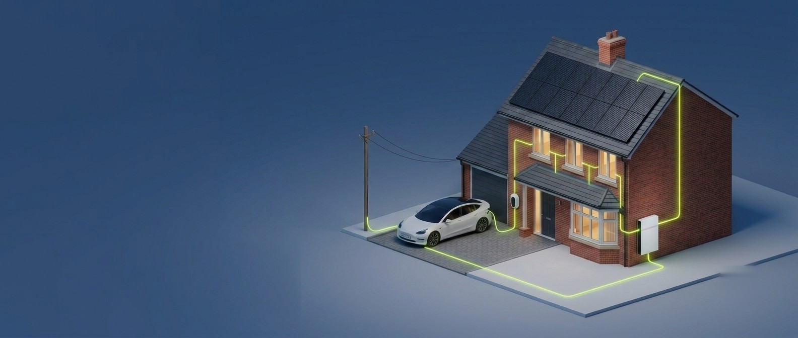 How a Tesla Powerwall powers your home day and night Isometric 3D render of a UK home with rooftop solar, a Tesla Powerwall 3 and an EV charging, green energy flowing from panels through the battery to the home and car, day fading to night